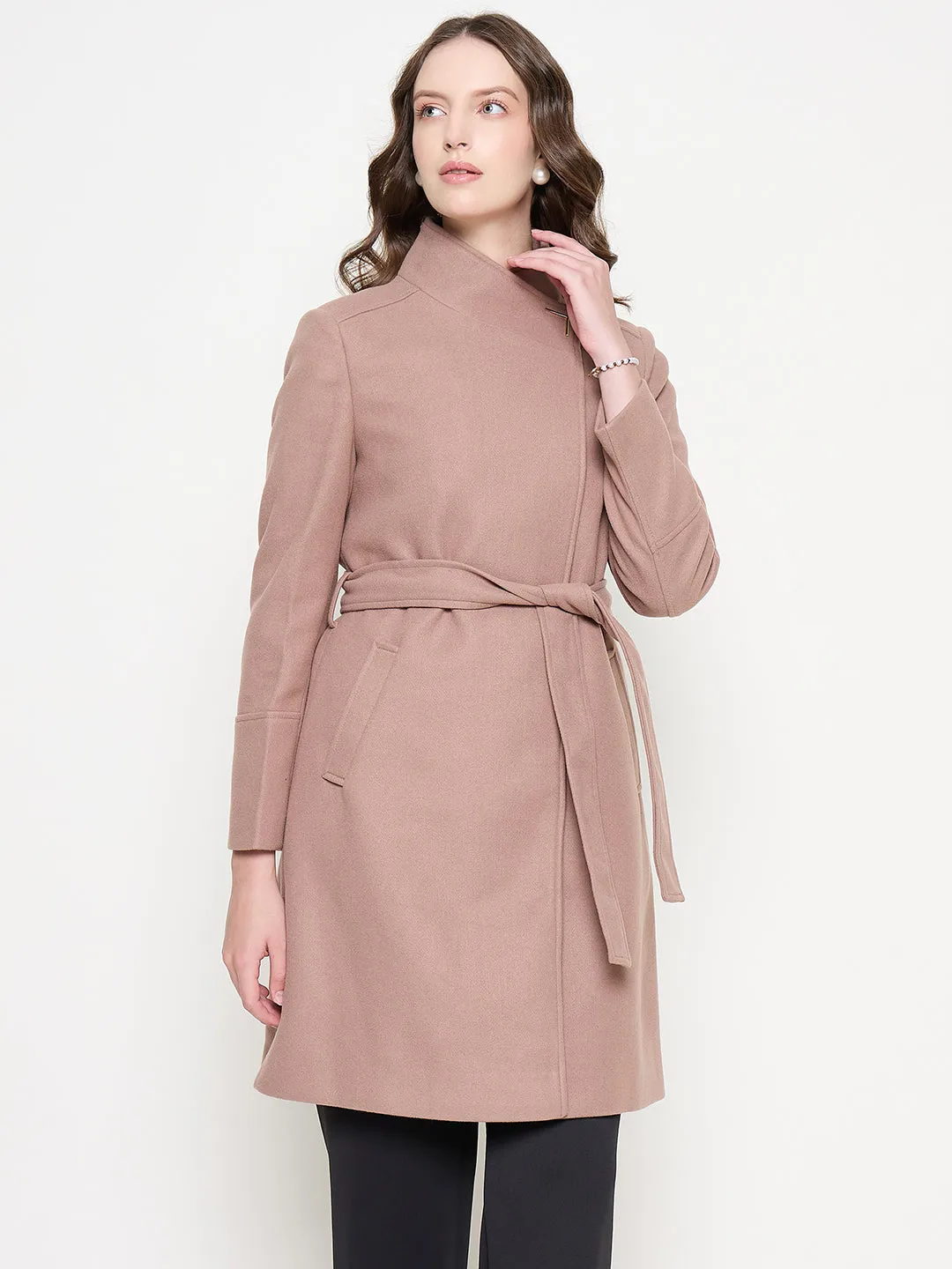 Madame Front Pocketed Textured Blush Long Wrap Coat