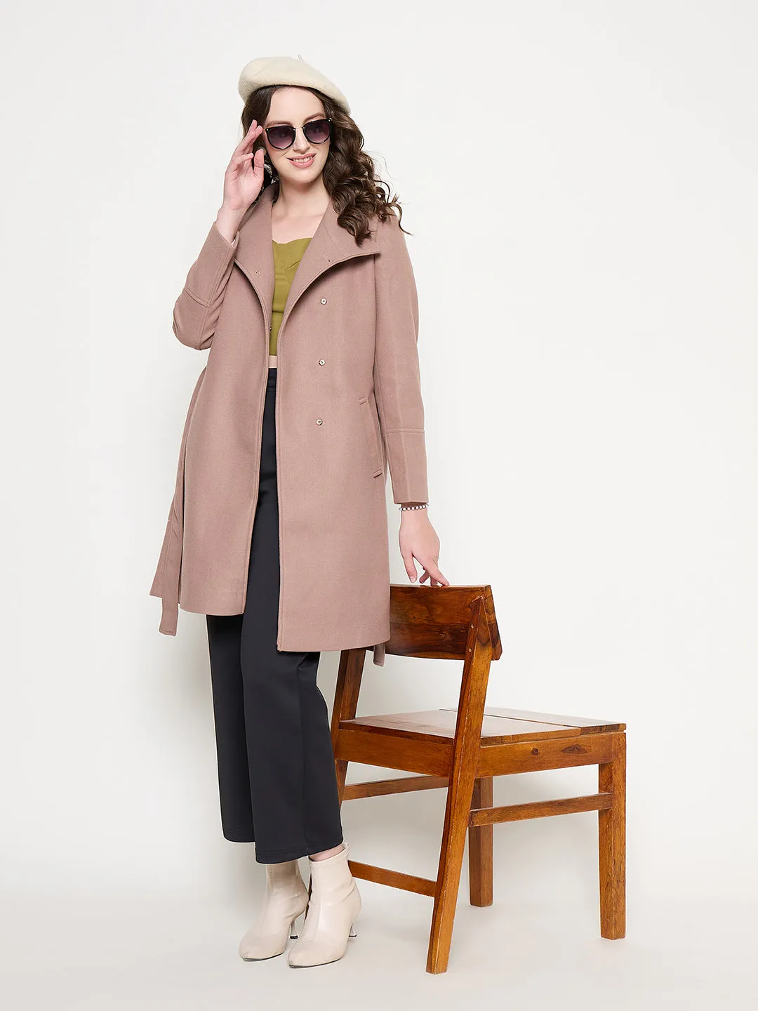 Madame Front Pocketed Textured Blush Long Wrap Coat