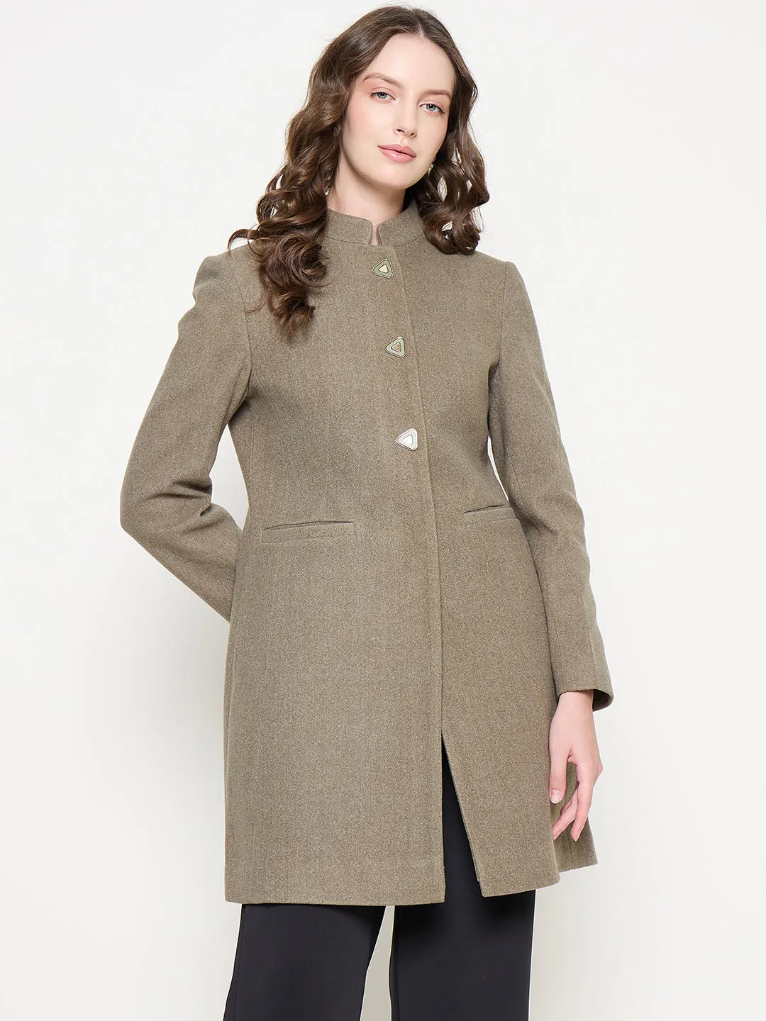 Madame Mélange Button Detailed T Neck Olive Long Coat