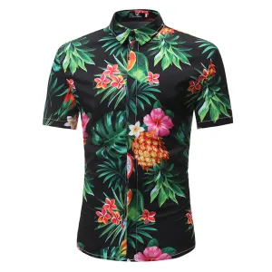 Men's Button down Tailor Fit Soft 100% Cotton Short Sleeve Dress Shirt Black Floral casual And Formal