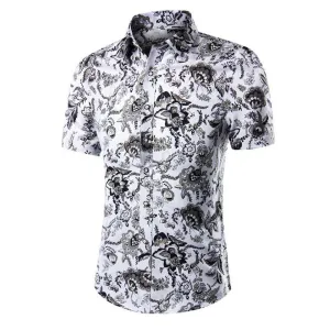 Men's Button down Tailor Fit Soft 100% Cotton Short Sleeve Dress Shirt Navy Blue Chains casual And Formal