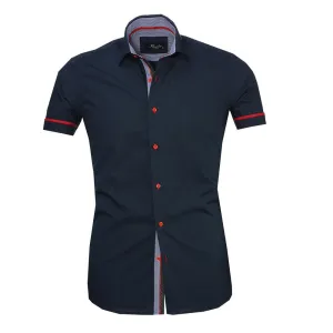 Men's Button down Tailor Fit Soft 100% Cotton Short Sleeve Dress Shirt Solid Navy Blue casual And Formal