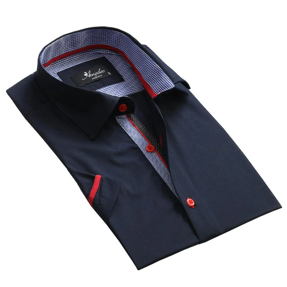 Men's Button down Tailor Fit Soft 100% Cotton Short Sleeve Dress Shirt Solid Navy Blue casual And Formal