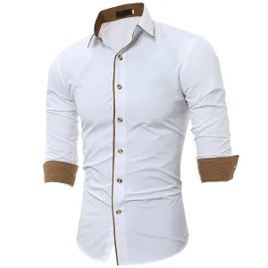 Men's Button down Tailor Fit Soft 100% Cotton Short Sleeve Dress Shirt Solid White with Beige casual And Formal