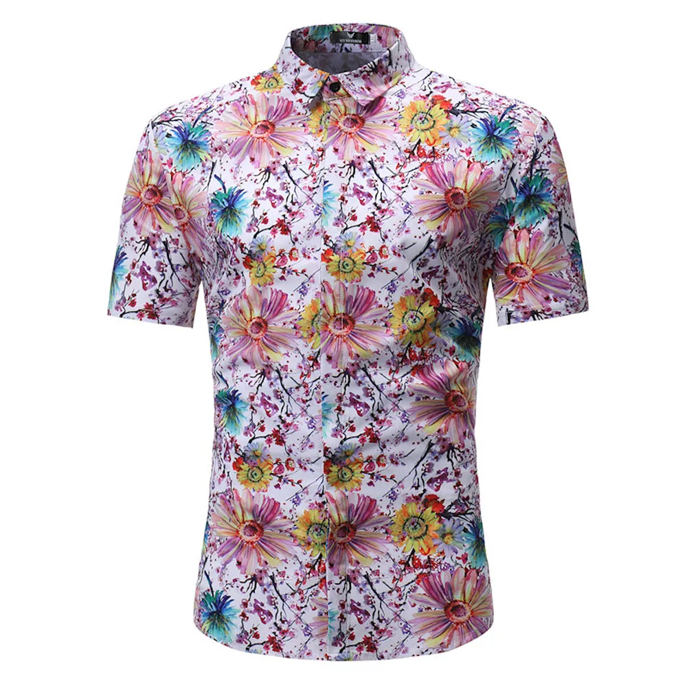 Men's Button down Tailor Fit Soft 100% Cotton Short Sleeve Dress Shirt White Floral check casual And Formal