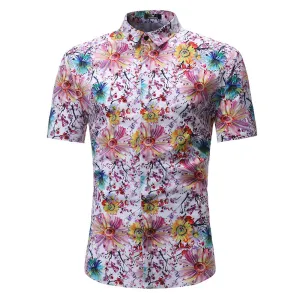Men's Button down Tailor Fit Soft 100% Cotton Short Sleeve Dress Shirt White Floral check casual And Formal