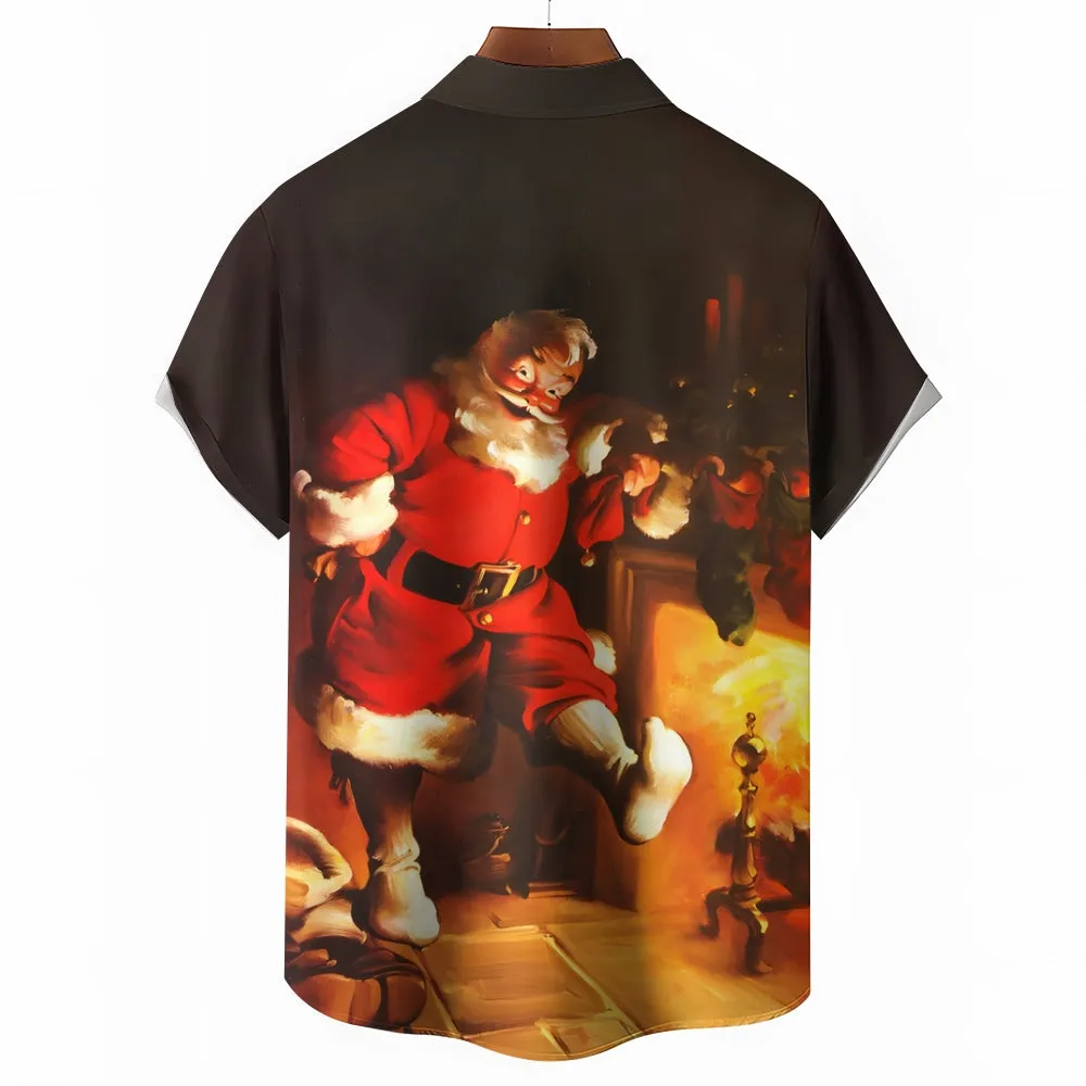 Men's Santa Fireplace Print Casual Short Sleeve Shirt 2410007066
