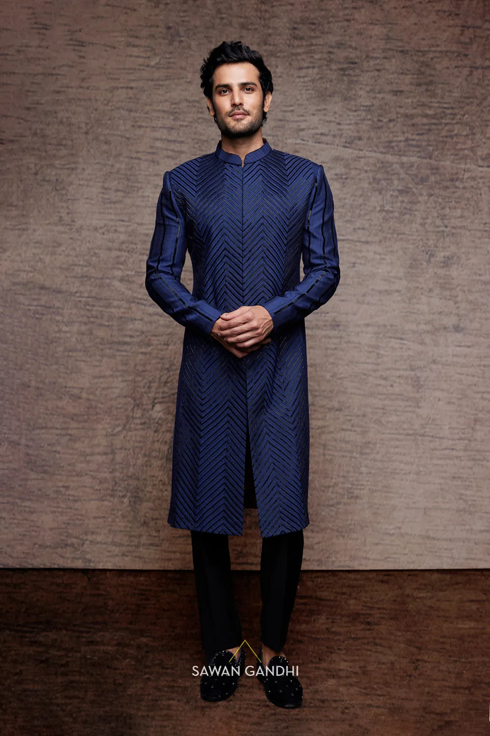 Mid night blue cutdana work sherwani