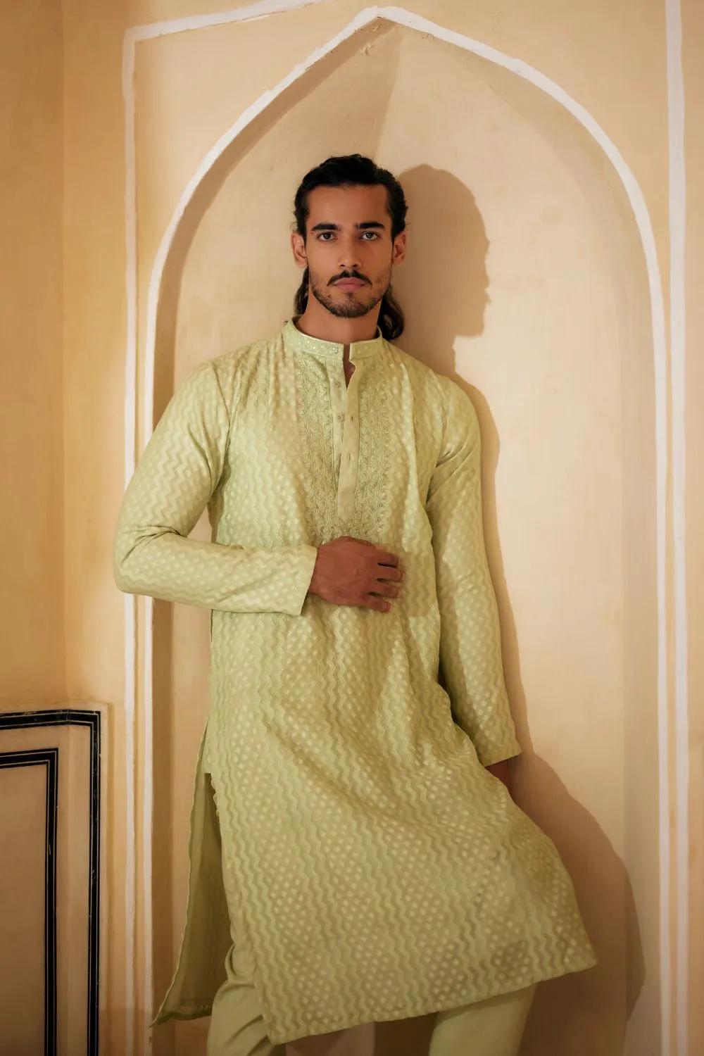 Mint Resham Work Kurta With Pants