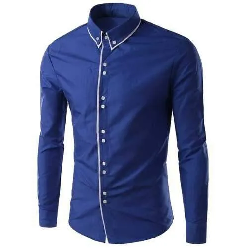 Multi-Button Top Fly Solid Color Slimming Shirt Collar Long Sleeves Button-Down Shirt For Men - Sapphire Blue M