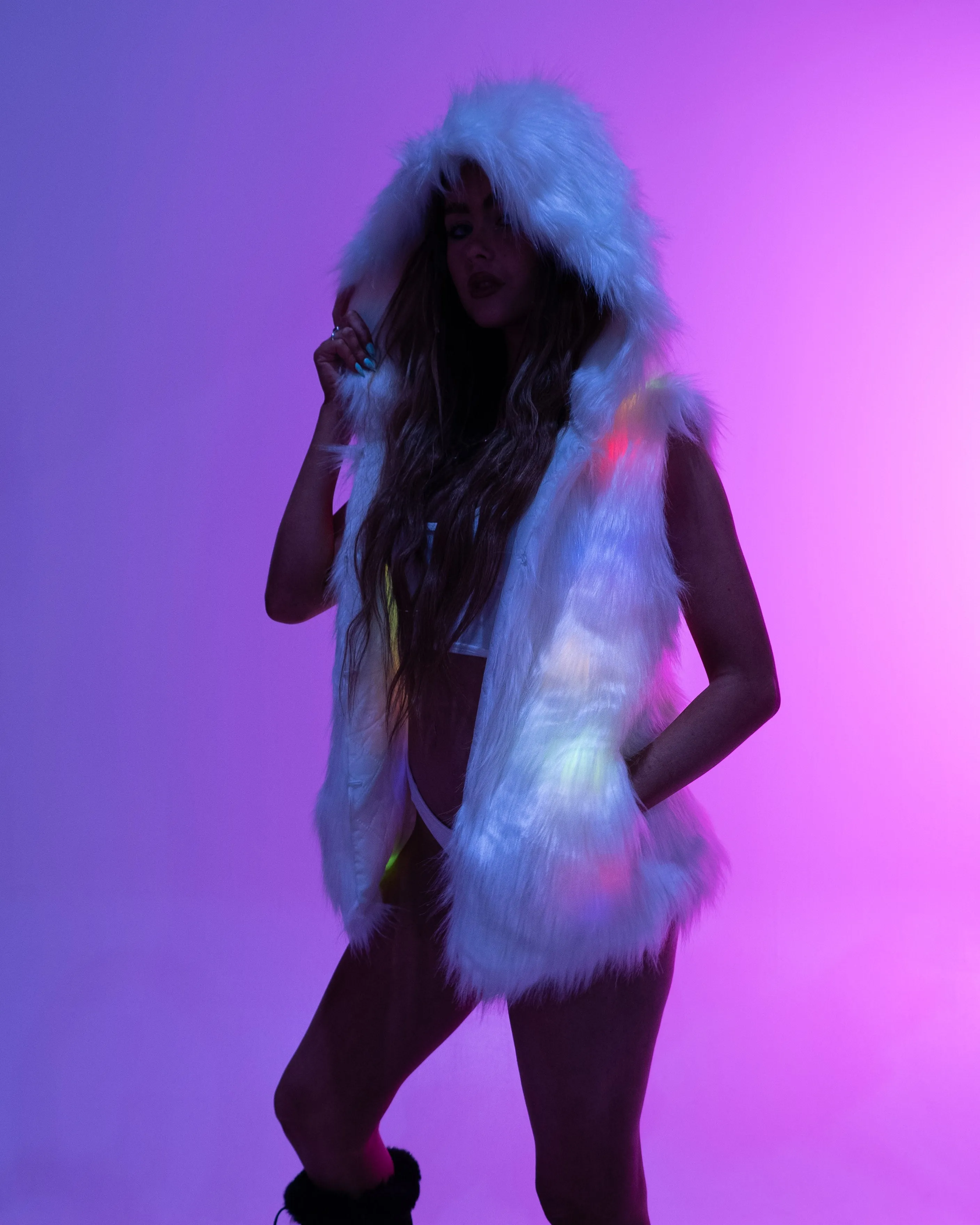 Multi-Color LED Hooded Faux Fur Vest