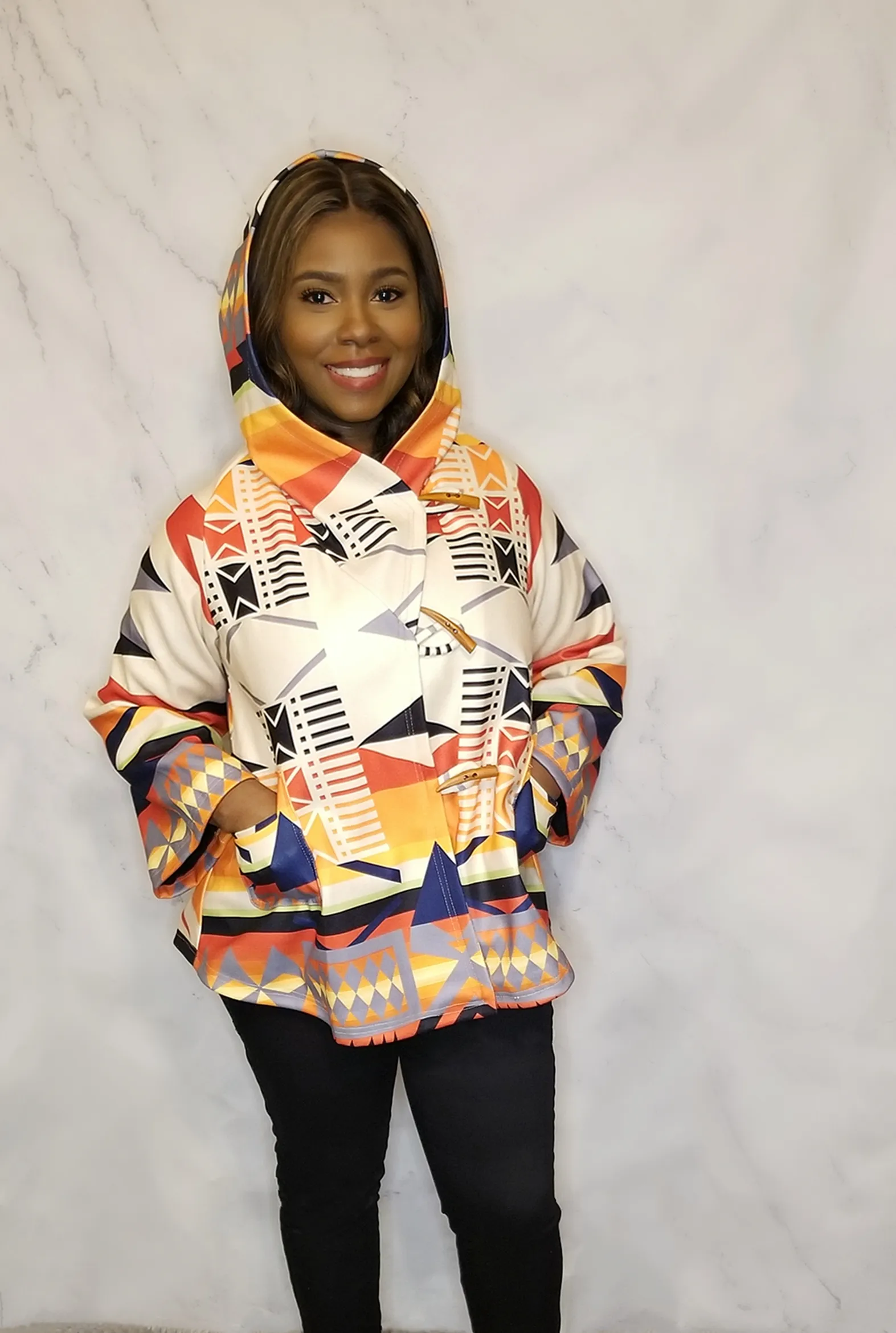 Multi-Colored Hooded Duffle Coat