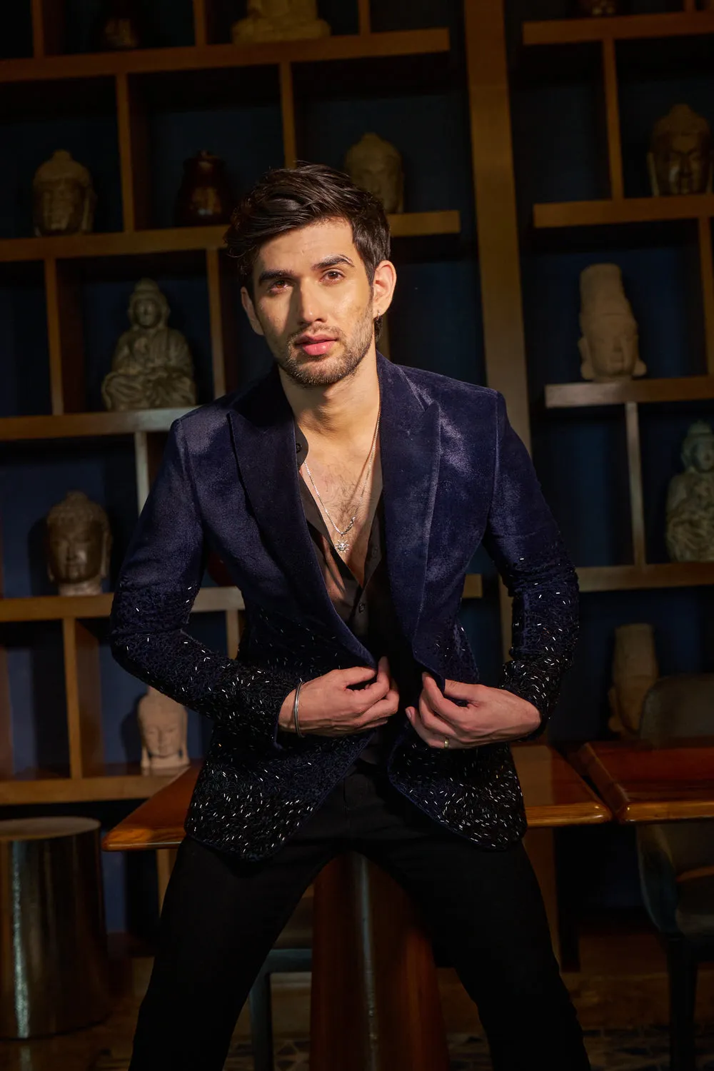 Navy Blue Velvet Cutdana Work Jacket