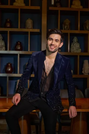 Navy Blue Velvet Cutdana Work Jacket