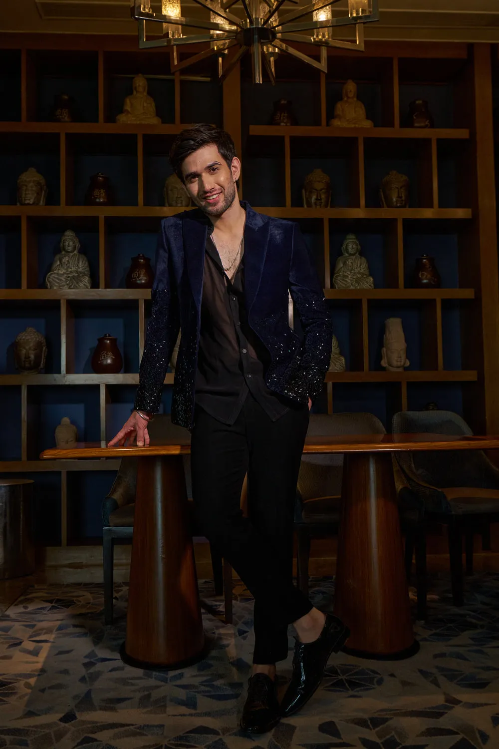 Navy Blue Velvet Cutdana Work Jacket