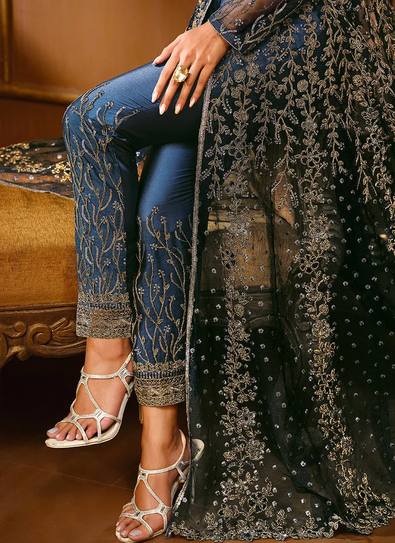 Navy Blue Zari Embroidered Slit Style Anarkali Pant Suit
