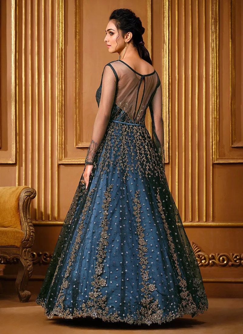 Navy Blue Zari Embroidered Slit Style Anarkali Pant Suit