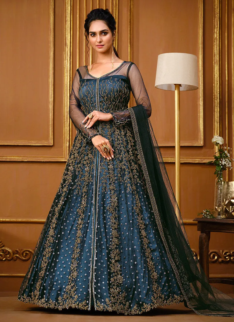 Navy Blue Zari Embroidered Slit Style Anarkali Pant Suit