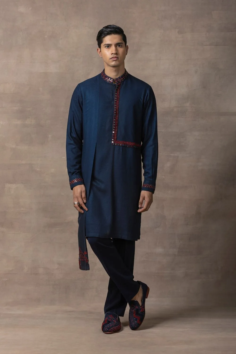 Navy Panel & Red Thread Work Kurta Set