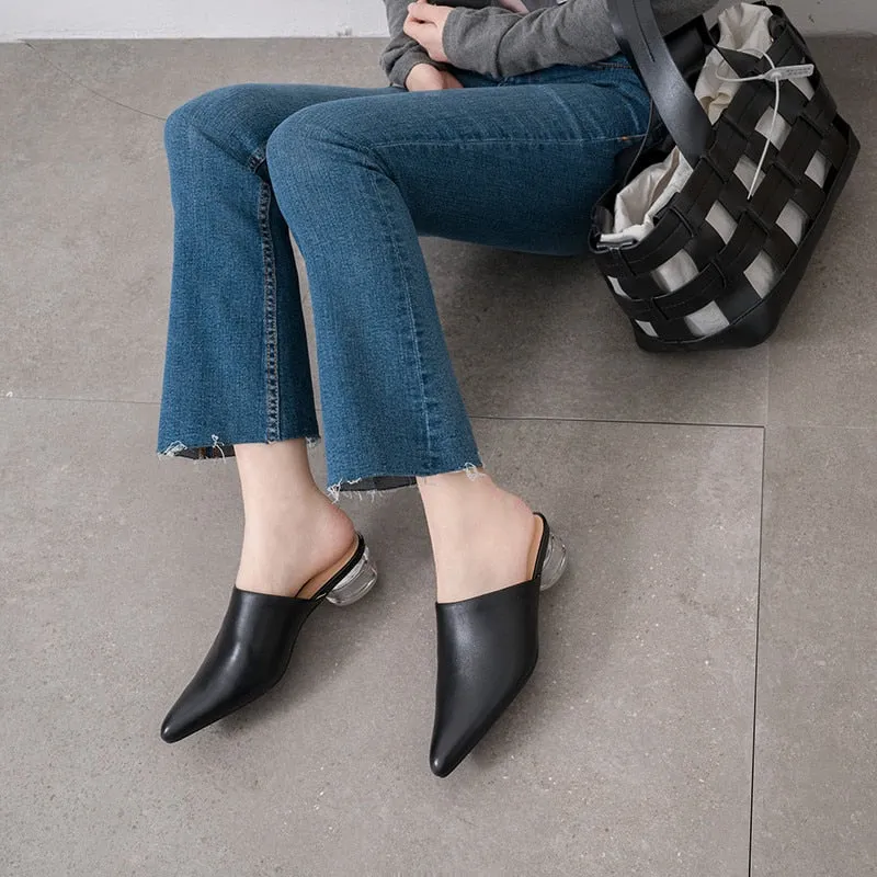 new fashion style pumps women genuine leather summer shoes comfortable crystal heel mules shoes woman black
