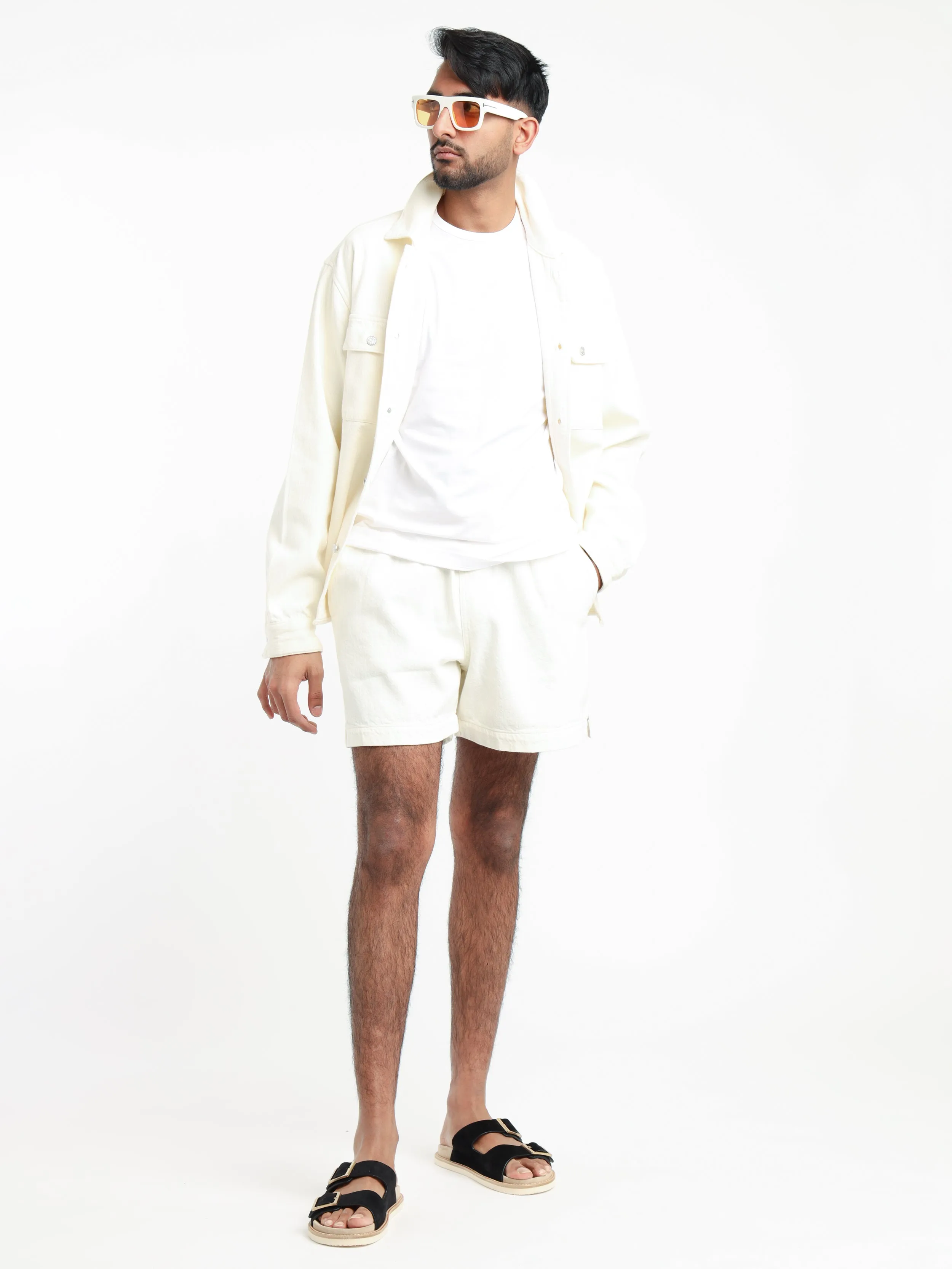 Off White Textured Terry Shorts