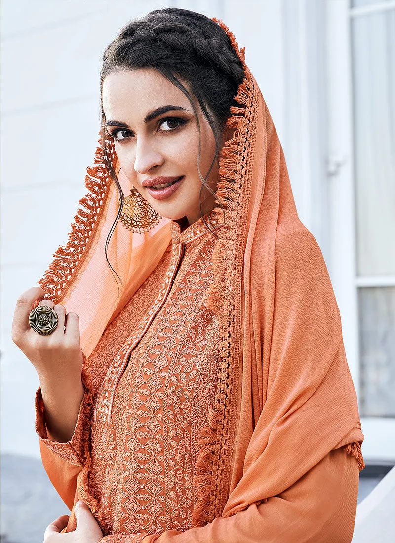 Orange Lucknowi Embroidered Pants Style Suit