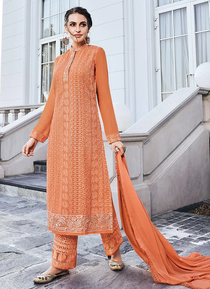 Orange Lucknowi Embroidered Pants Style Suit