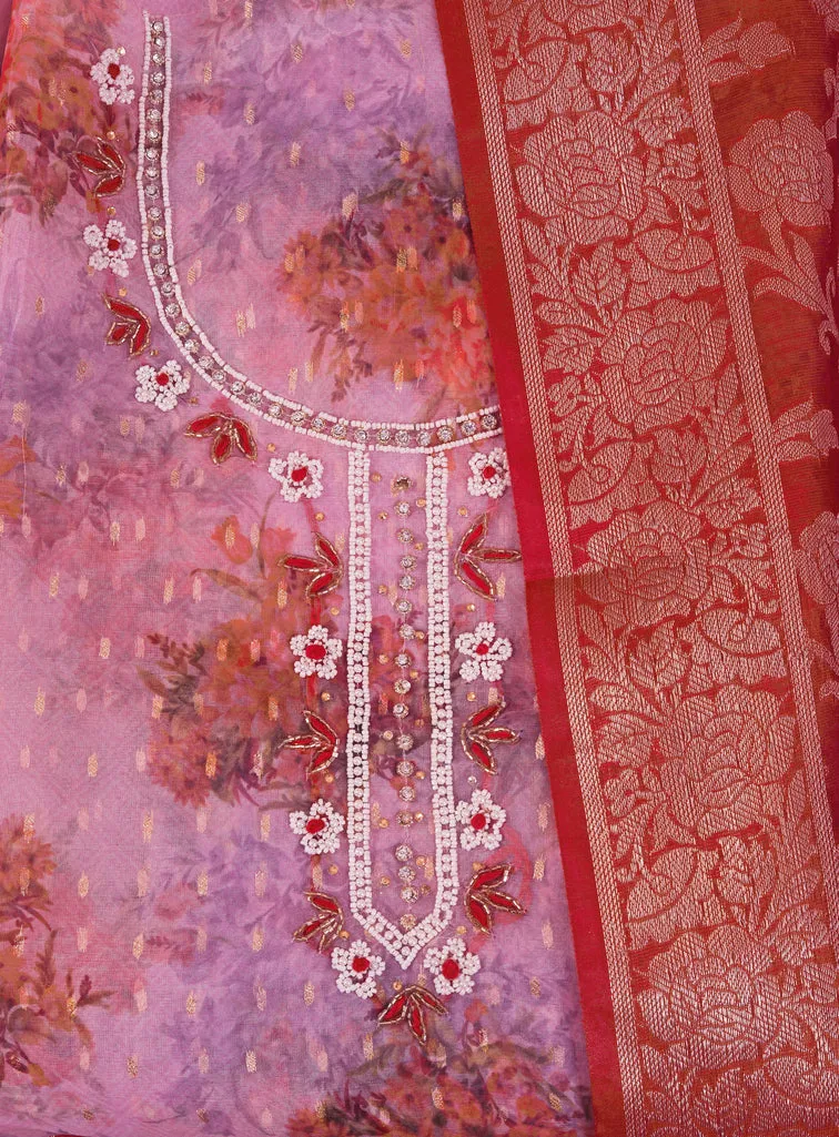 Organza Embellished Dress Material With Dupatta
