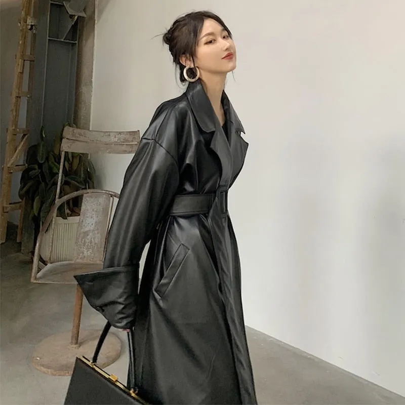 Oversized Leather Trench Coat with Drop-Shoulder Sleeves and Belt Closure