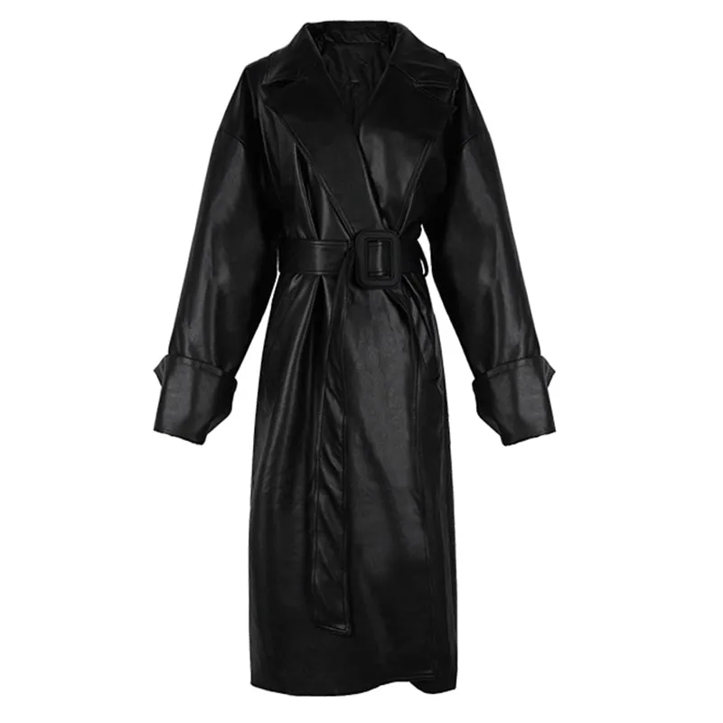 Oversized Leather Trench Coat with Drop-Shoulder Sleeves and Belt Closure