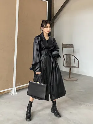 Oversized Leather Trench Coat with Drop-Shoulder Sleeves and Belt Closure