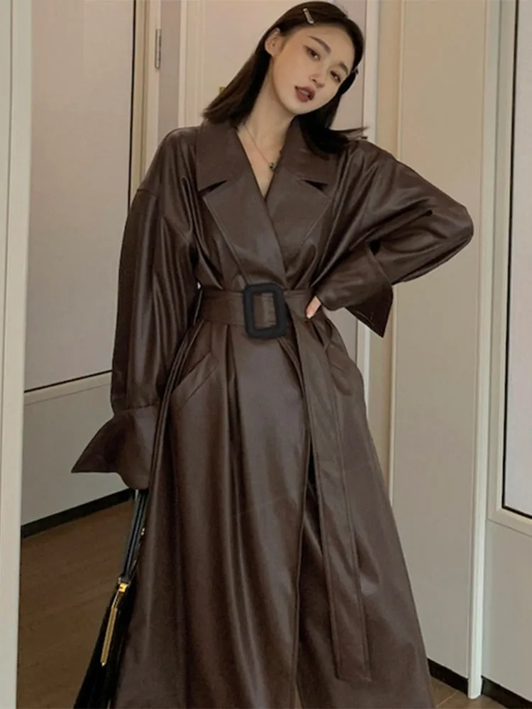 Oversized Leather Trench Coat with Drop-Shoulder Sleeves and Belt Closure