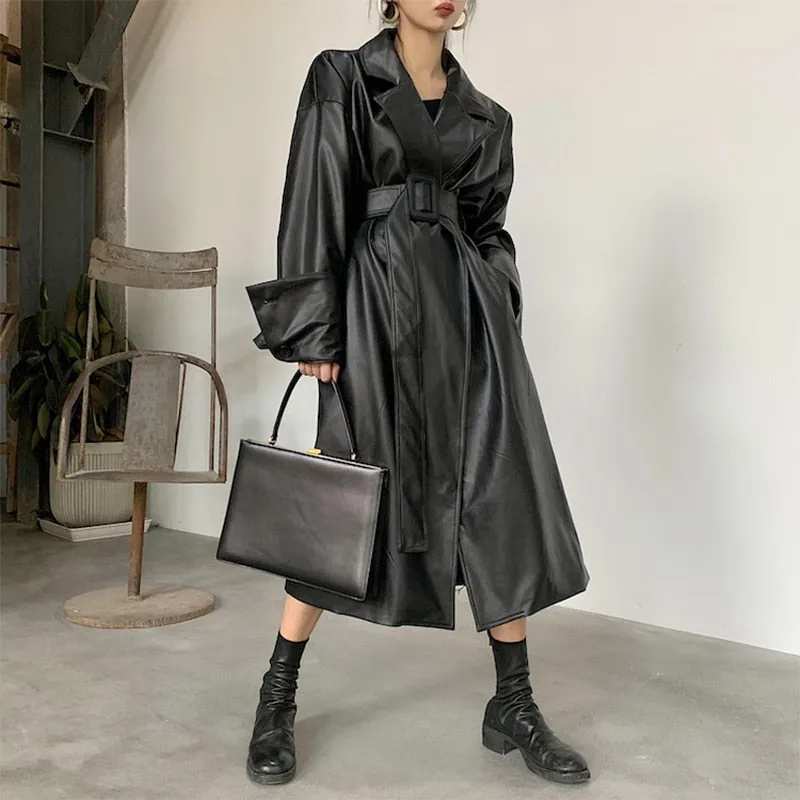 Oversized Leather Trench Coat with Drop-Shoulder Sleeves and Belt Closure