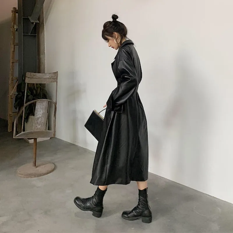 Oversized Leather Trench Coat with Drop-Shoulder Sleeves and Belt Closure