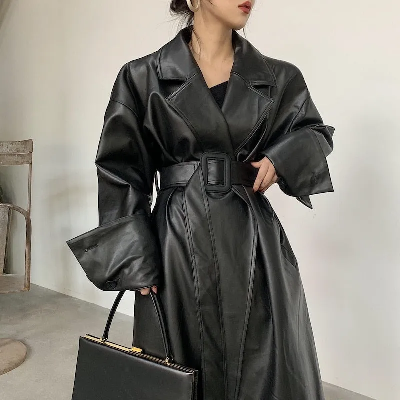 Oversized Leather Trench Coat with Drop-Shoulder Sleeves and Belt Closure