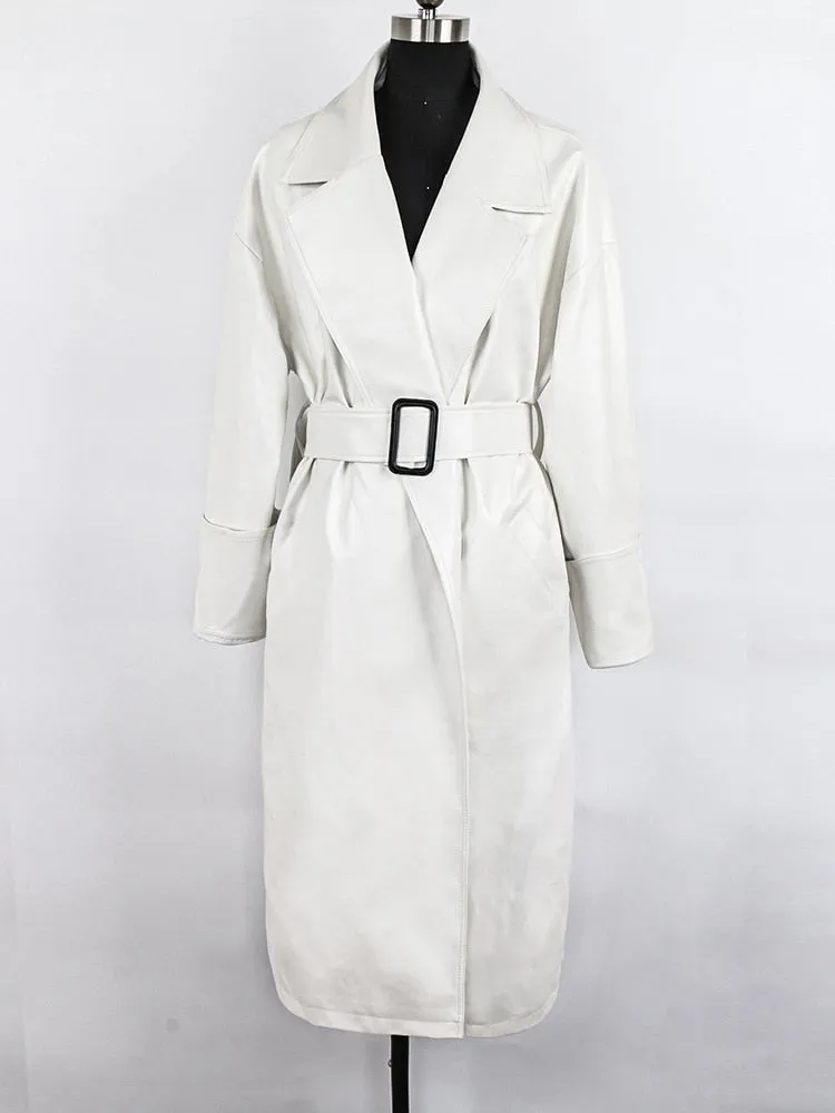 Oversized Leather Trench Coat with Drop-Shoulder Sleeves and Belt Closure