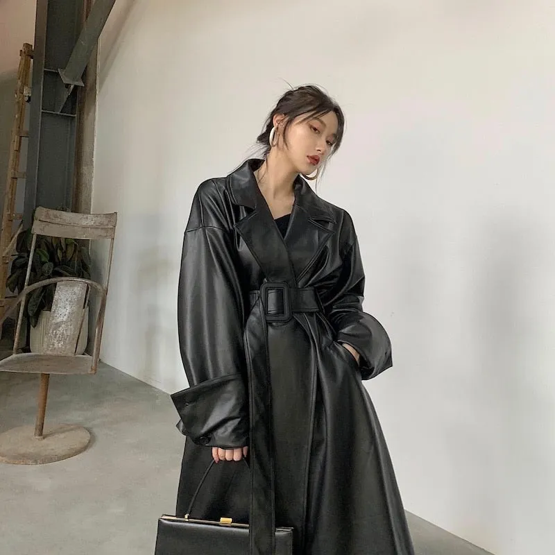 Oversized Leather Trench Coat with Drop-Shoulder Sleeves and Belt Closure