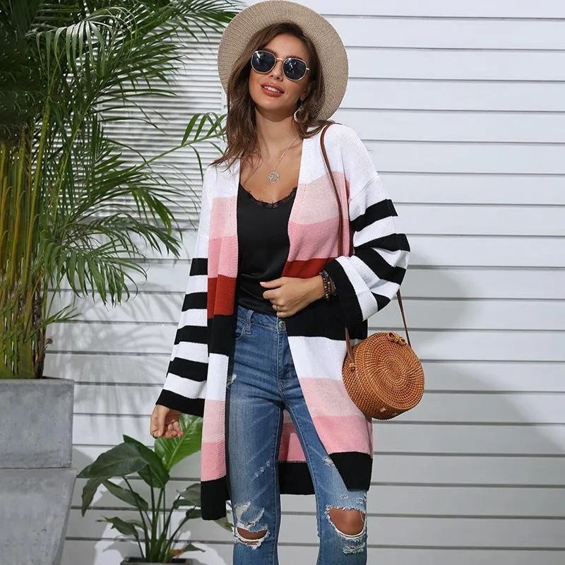 Patchwork Striped Long Sweater Coat