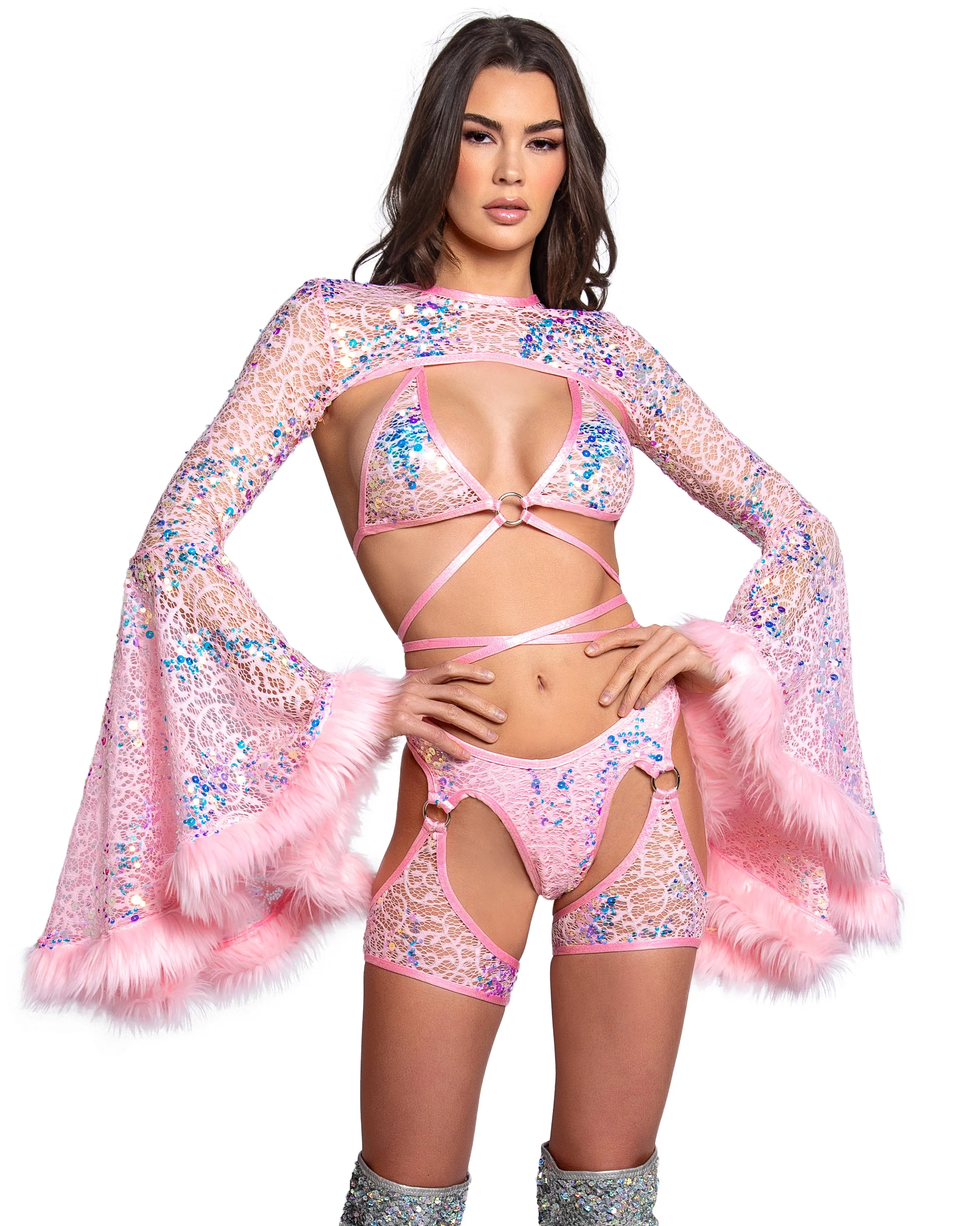 Pink Blush Sequin Fur-Trimmed Shrug