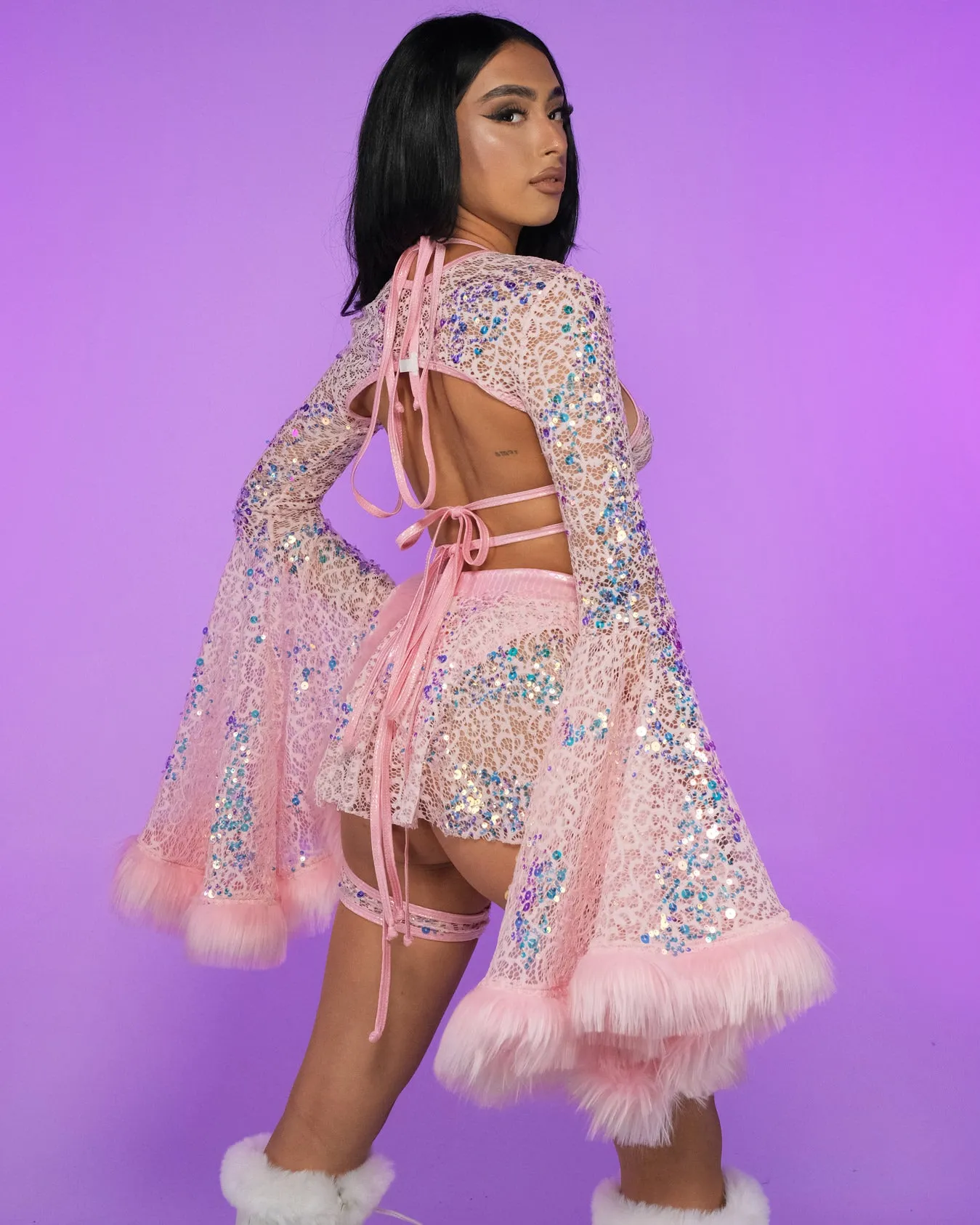 Pink Blush Sequin Fur-Trimmed Shrug