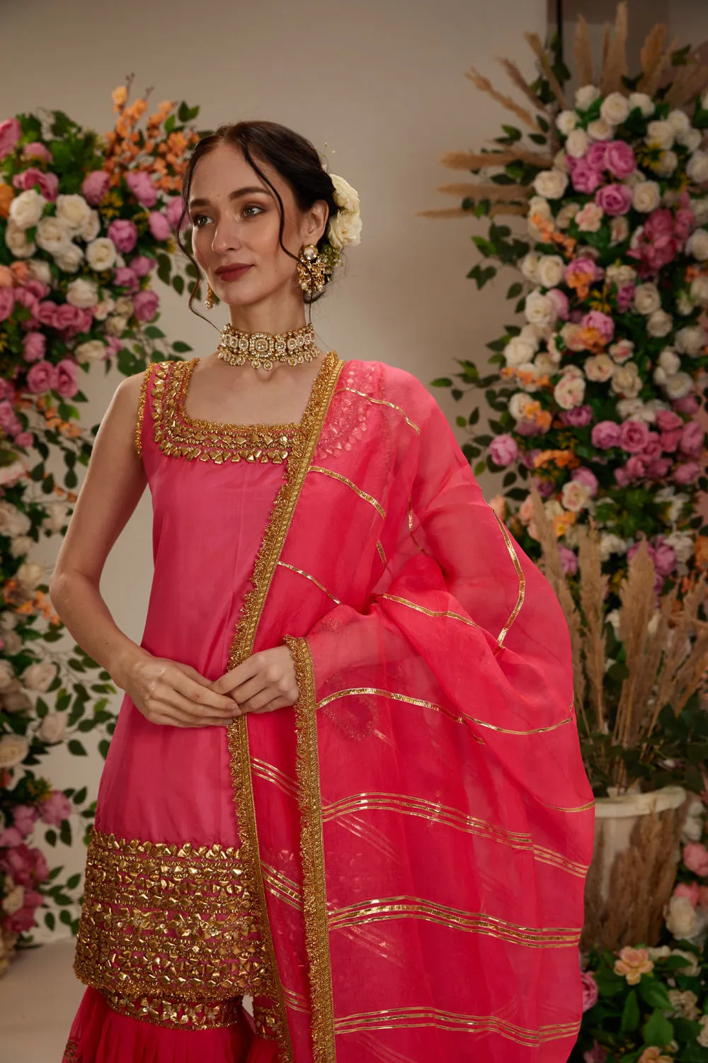 Pink Kurta With Grarara And  Dupatta