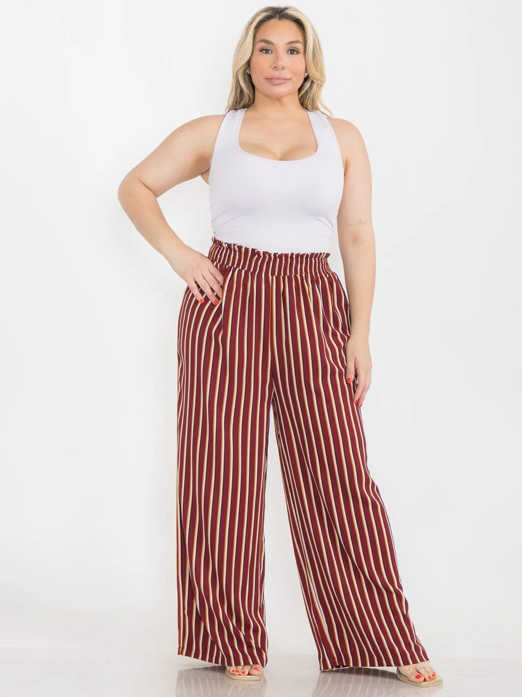 PLUS SIZE ELASTIC WAIST COLORBLOCK STRIPES WIDE LEG BOHO PANTS