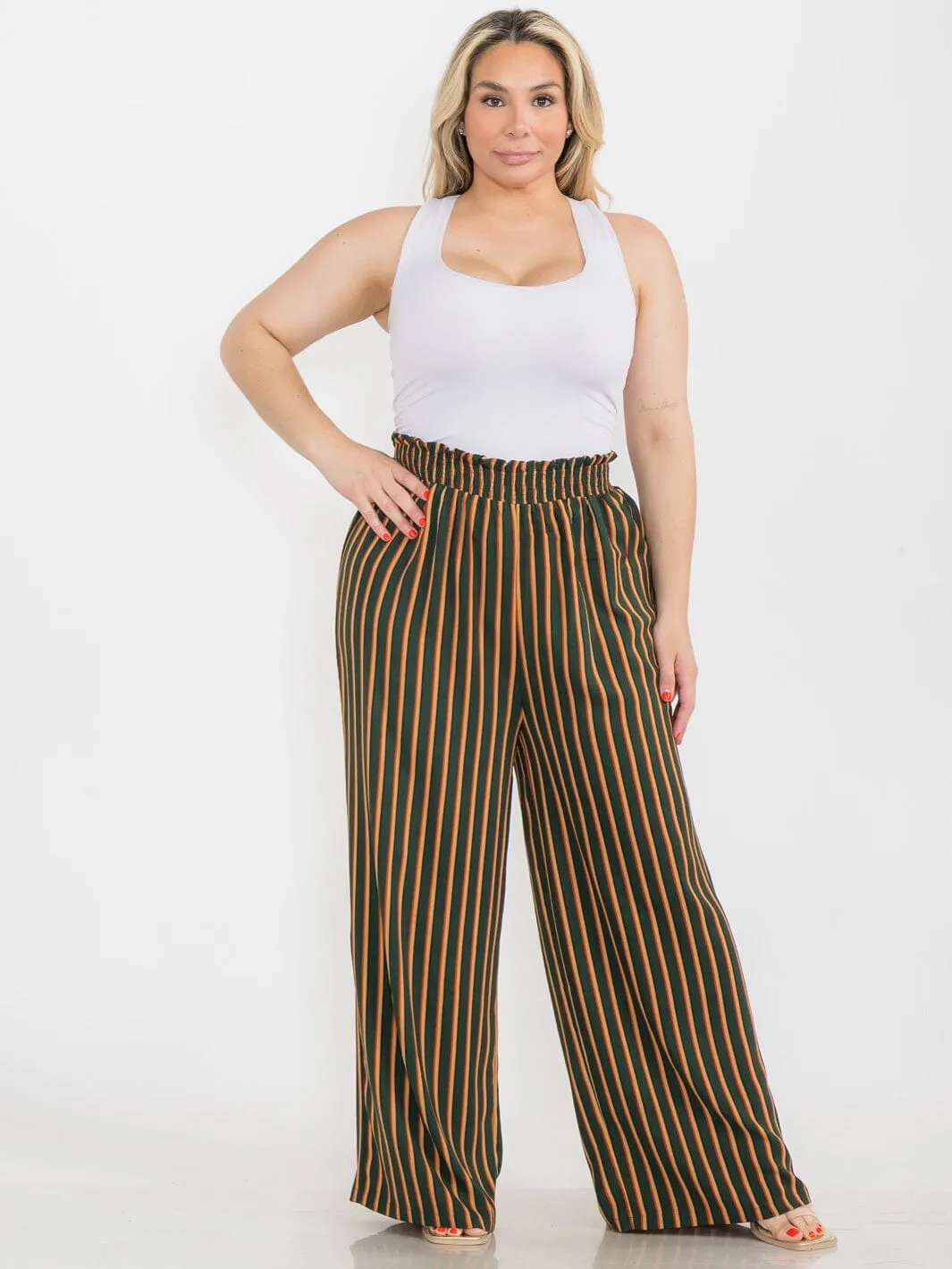 PLUS SIZE ELASTIC WAIST COLORBLOCK STRIPES WIDE LEG BOHO PANTS