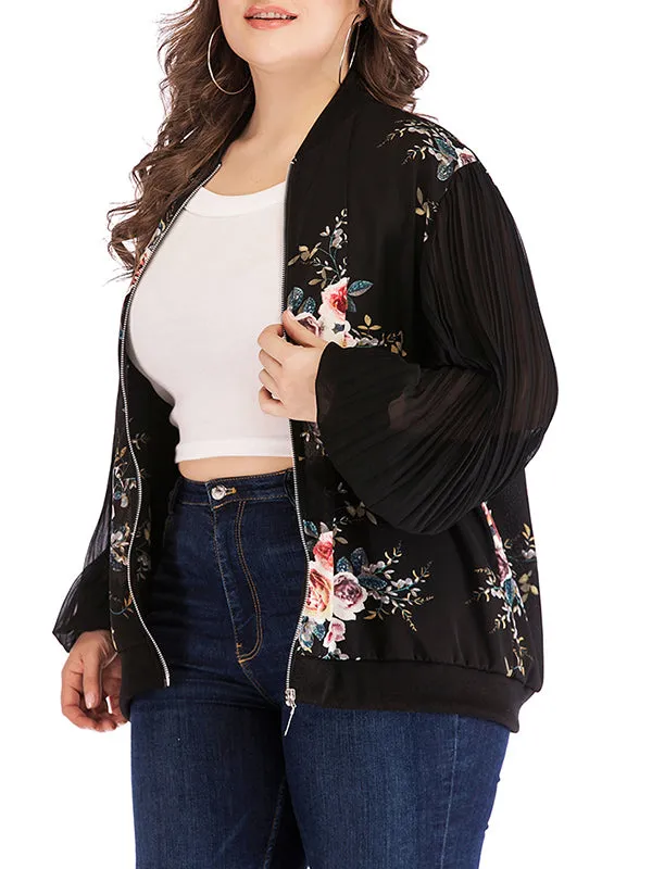 Plus Size Round Neck Long Sleeve Printed Zip Coat Jacket