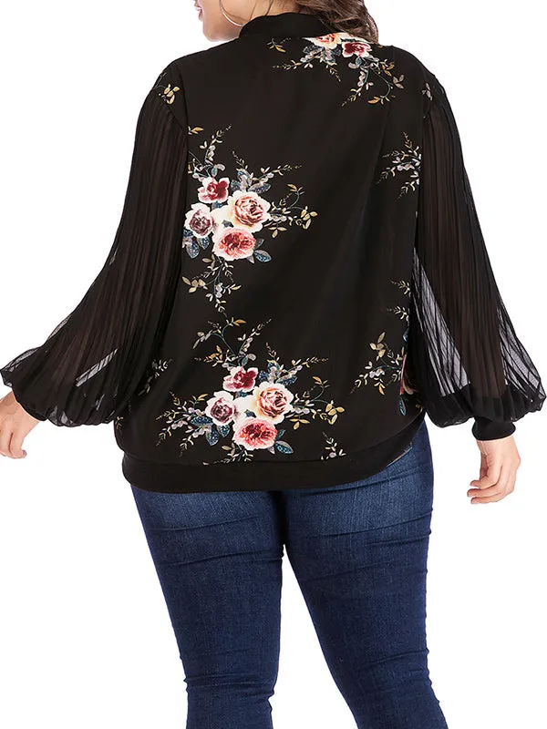 Plus Size Round Neck Long Sleeve Printed Zip Coat Jacket