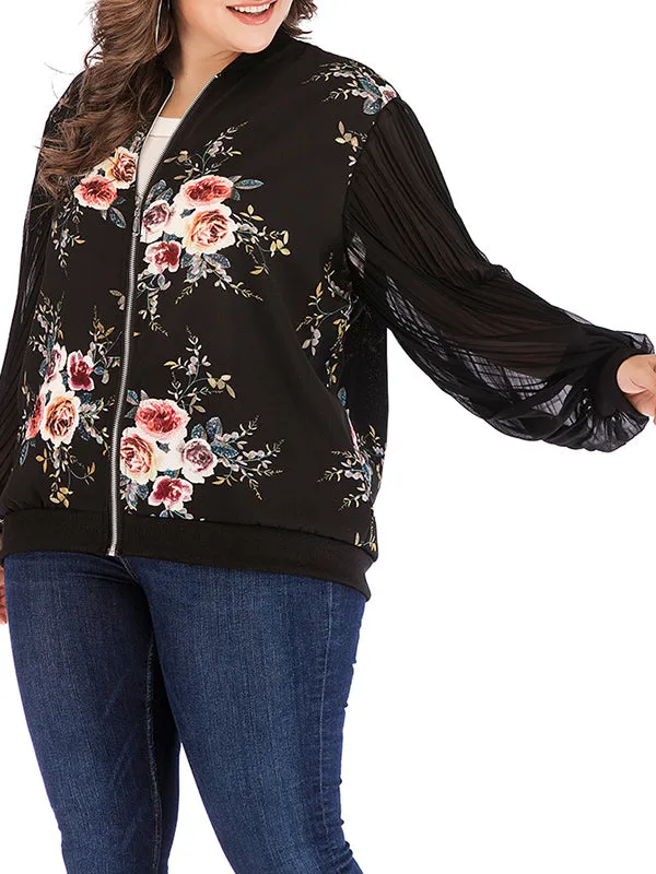Plus Size Round Neck Long Sleeve Printed Zip Coat Jacket