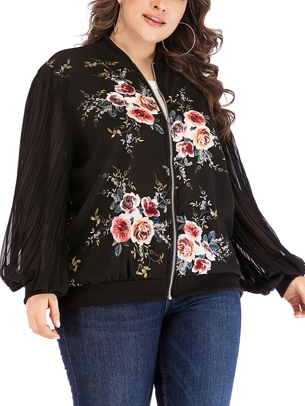 Plus Size Round Neck Long Sleeve Printed Zip Coat Jacket