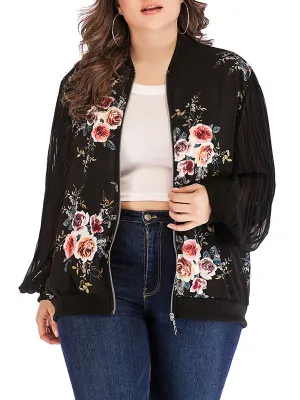 Plus Size Round Neck Long Sleeve Printed Zip Coat Jacket