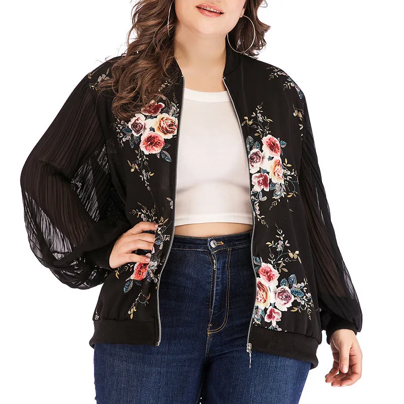 Plus Size Round Neck Long Sleeve Printed Zip Coat Jacket