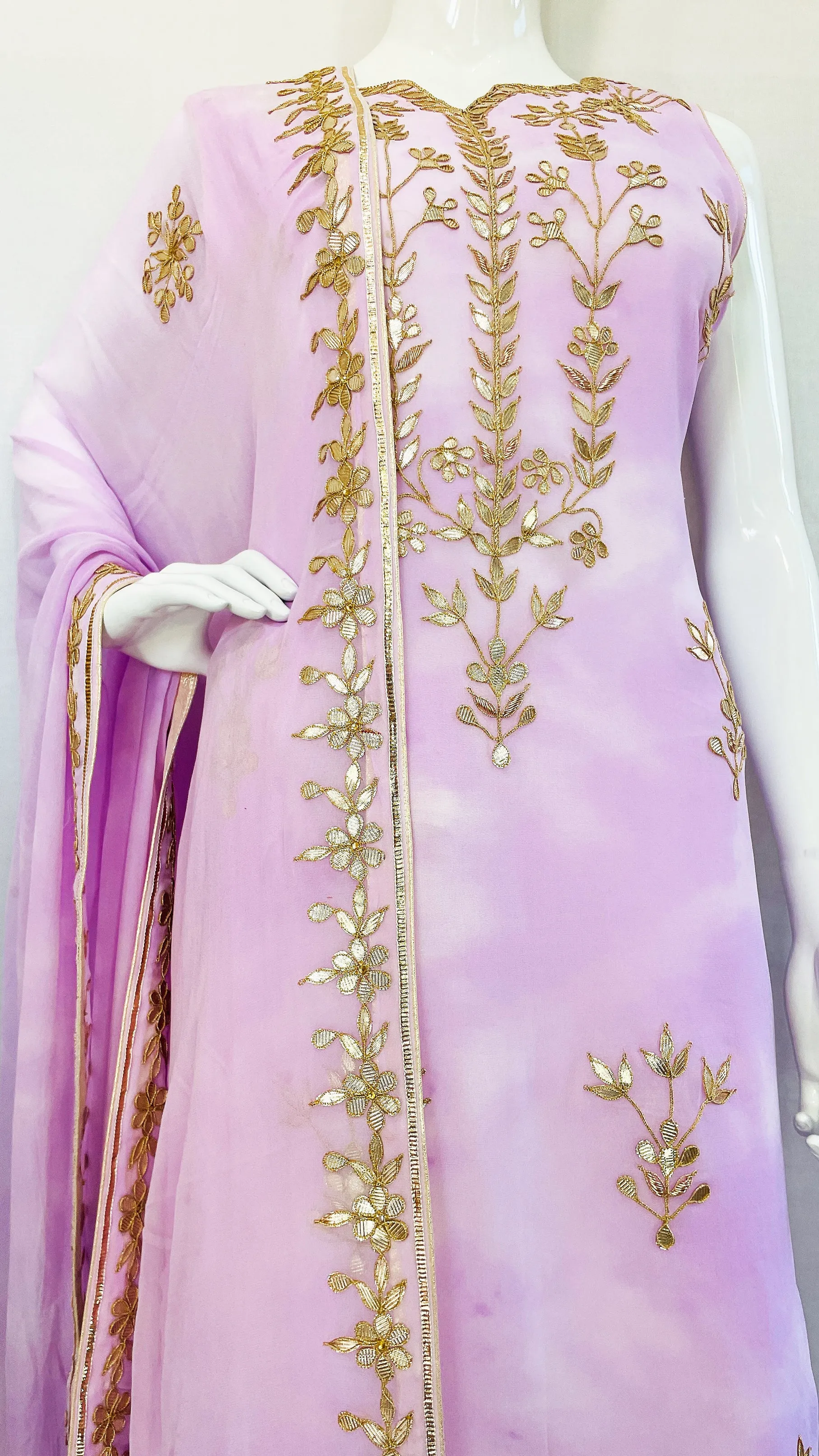 Purple Tie n Dye Pure Chinon Fabric with Traditional Gota Patti Hand Work Long Top Palazzo Pants with Dupatta